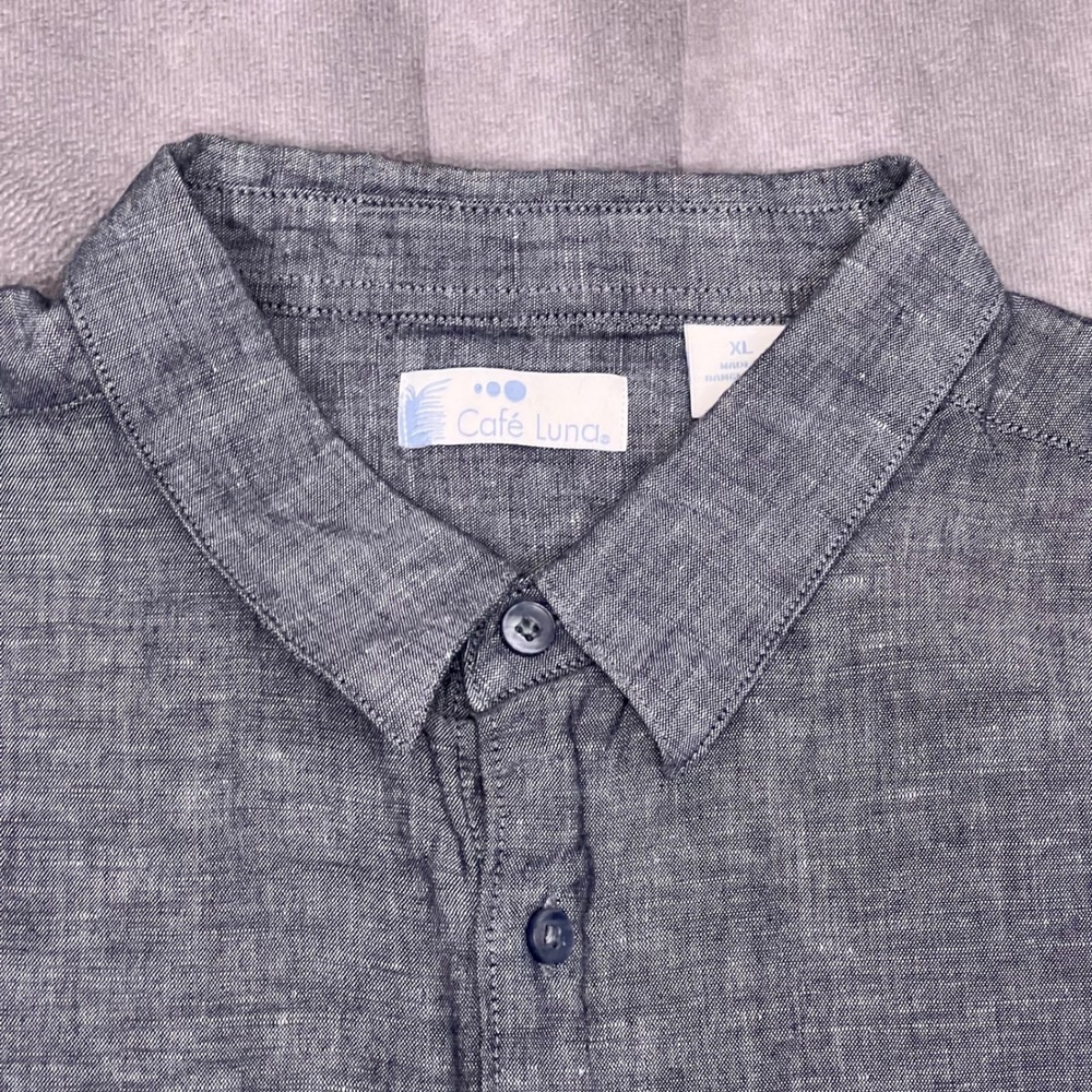 Café Luna Button Down Shirt Mens XL Blue Linen Blend Excellent Short Sleeve